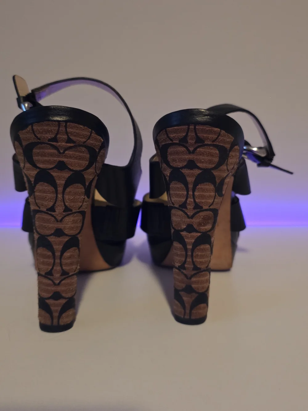 Coach Black Leather Platform Sandals with Logo-Patterned Block Heel